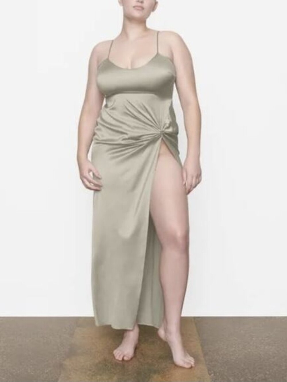 SKIMS Silk Slip Twist Front Gathering Camisole Midi Dress Sage Green Size 4X